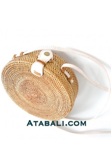 Round ata rattan women bag with white leather strap